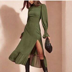 Reformation Green Long Sleeve Midi Dress